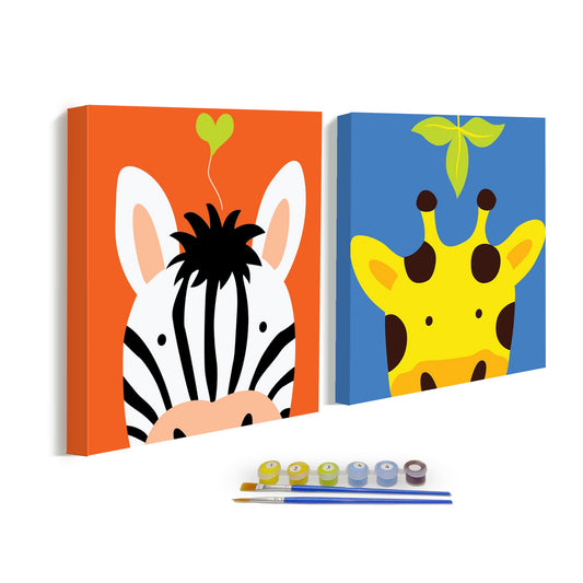 Kit de peinture par numéros pour enfants, lot de 2, peinture à l'huile par numéros pour enfants, peinture sur toile encadrée 20,3 x 20,3 cm. Animal girafe zèbre