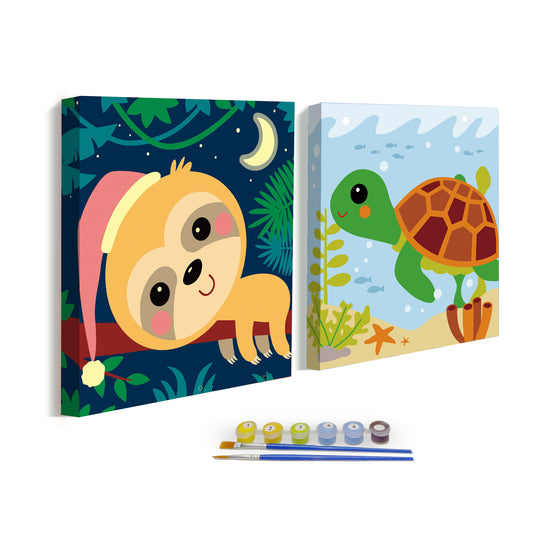 Lot de 2 kits de peinture par numéros pour enfants débutants en art, kit de peinture acrylique facile, kits de peinture sur toile encadrée 20,3 x 20,3 cm Tortue et paresseux