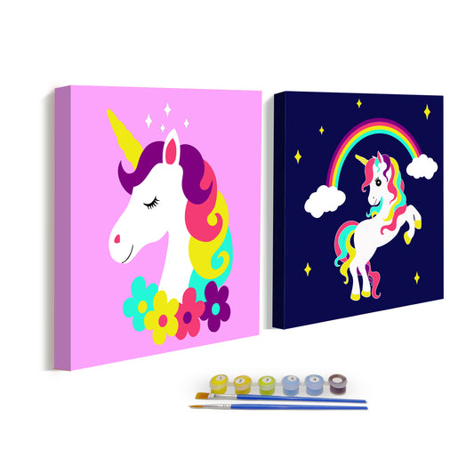 Licorne Peinture par numéros Kit encadré 2-Pack pour enfants, peinture sur toile pré-dessinée pour enfants adolescents débutants décoration murale bricolage 8 * 8 pouces